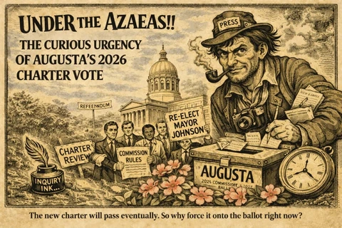 Graphic depicting Under the Azaleas column titled "The Curious Urgeny of Augusta's Charter Vote
