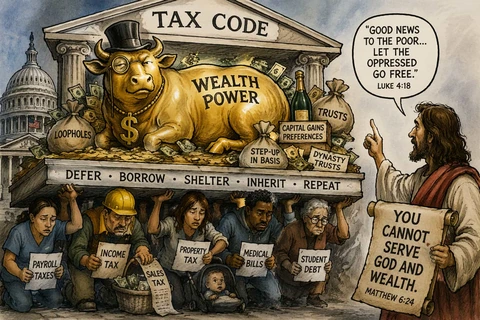 Political cartoon of a golden calf labeled wealth power resting on the tax code while workers bear the burden beneath it and Christ points toward justice.