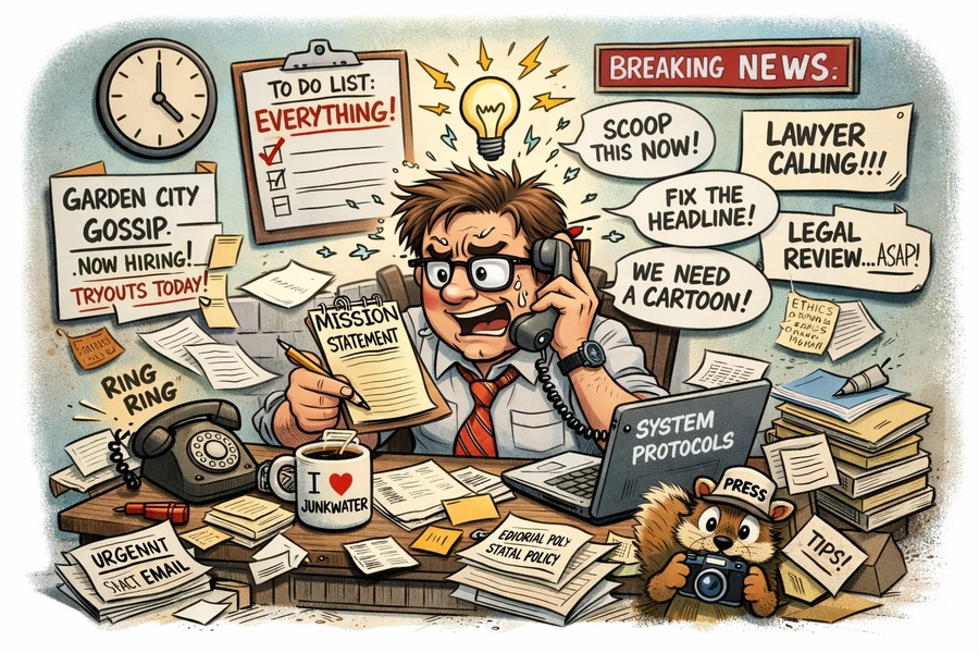 Cartoon of stressed journalist multitasking with calls papers and deadlines.