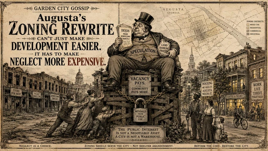 19th-century political cartoon style image showing Augusta zoning, vacancy, speculation and public pressure for redevelopment.