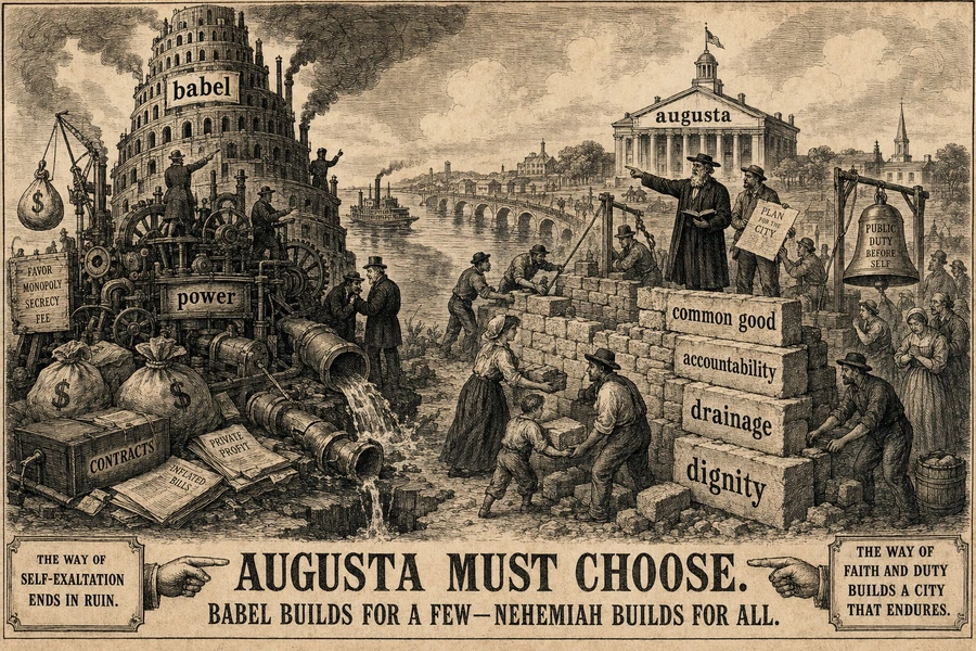 Sepia political-cartoon engraving of Augusta choosing between a Babel-like civic machine and residents rebuilding public goods labeled drainage, dignity and accountability.