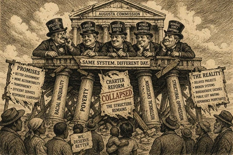 19th-century political cartoon showing Augusta’s political structure surviving after charter reform collapsed