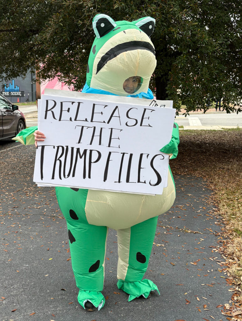 Picture of man in Frog Suit holding sign that says "Release the Trump Files"