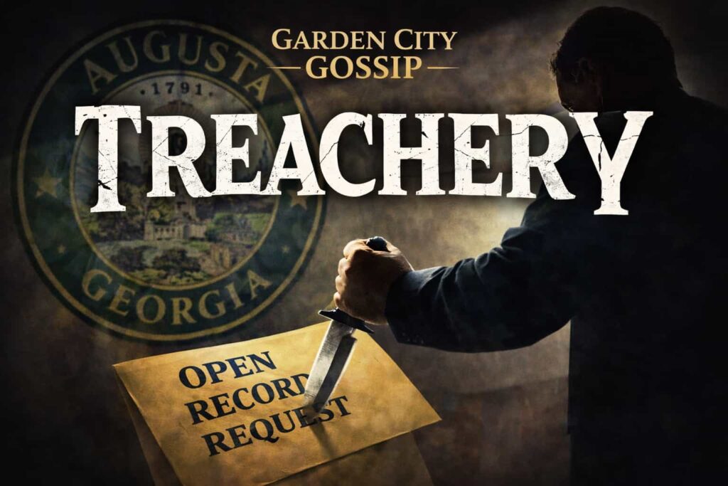 a hand stabbing a knife into a paper with Open Records Act written on it and GCG and Treachery