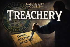 a hand stabbing a knife into a paper with Open Records Act written on it and GCG and Treachery