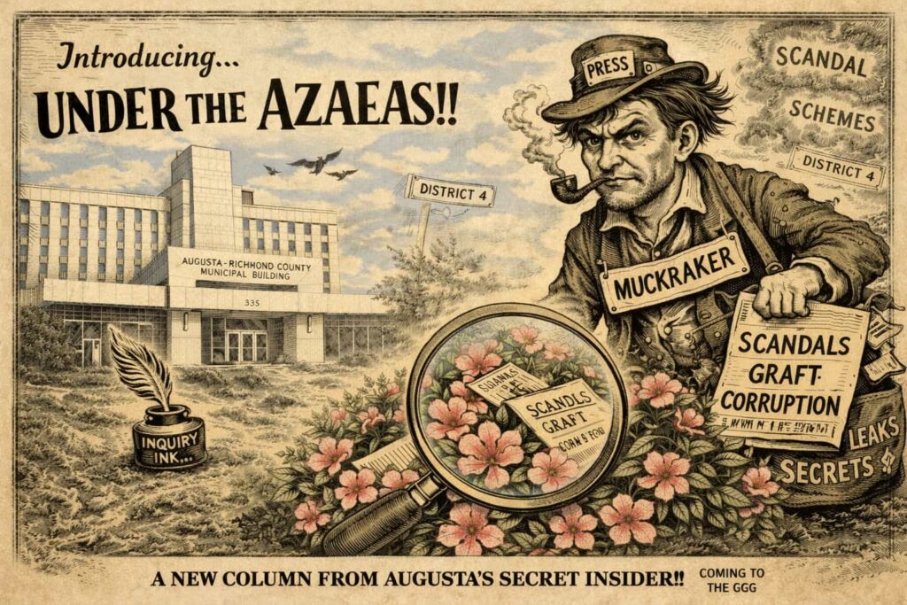 Vintage political cartoon introducing the Under the Azaleas column outside the Augusta