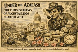 Graphic depicting Under the Azaleas column titled "The Curious Urgeny of Augusta's Charter Vote