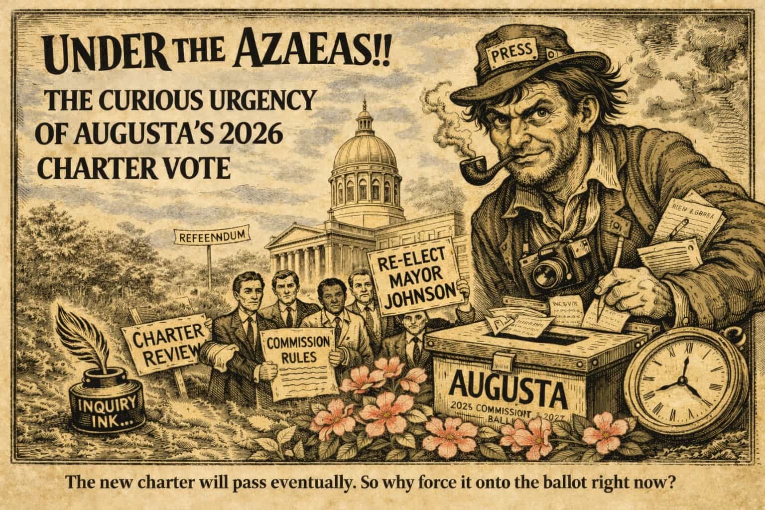 Graphic depicting Under the Azaleas column titled "The Curious Urgeny of Augusta's Charter Vote