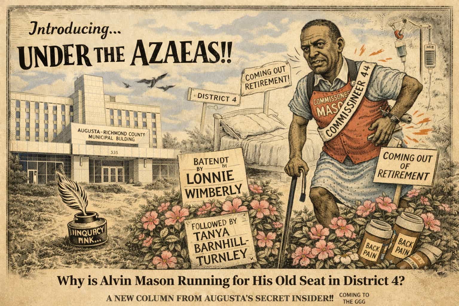 Political cartoon of Alvin Mason running again for Augusta Commission District 4 with the Augusta-Richmond County Municipal Building in the background.