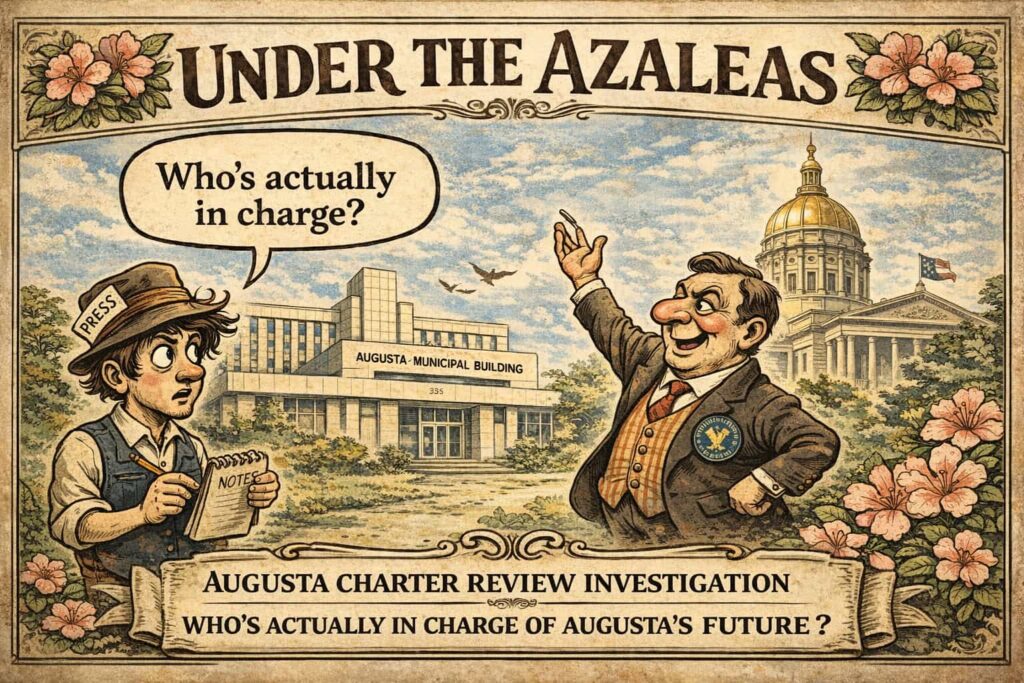Graphic criticizing the collapse of Augusta’s charter review process, citing political interference, lack of transparency, and concerns over a 2026 referendum tied to the mayor’s reelection campaign