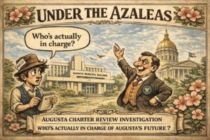 Graphic criticizing the collapse of Augusta’s charter review process, citing political interference, lack of transparency, and concerns over a 2026 referendum tied to the mayor’s reelection campaign