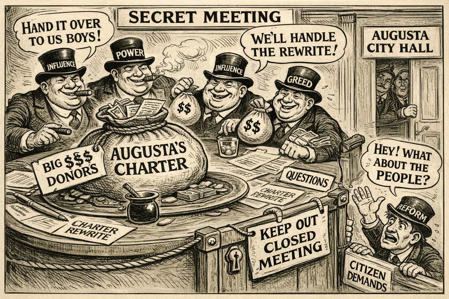 19th century political cartoon showing officials controlling Augusta charter rewrite while citizens are locked out demanding transparency