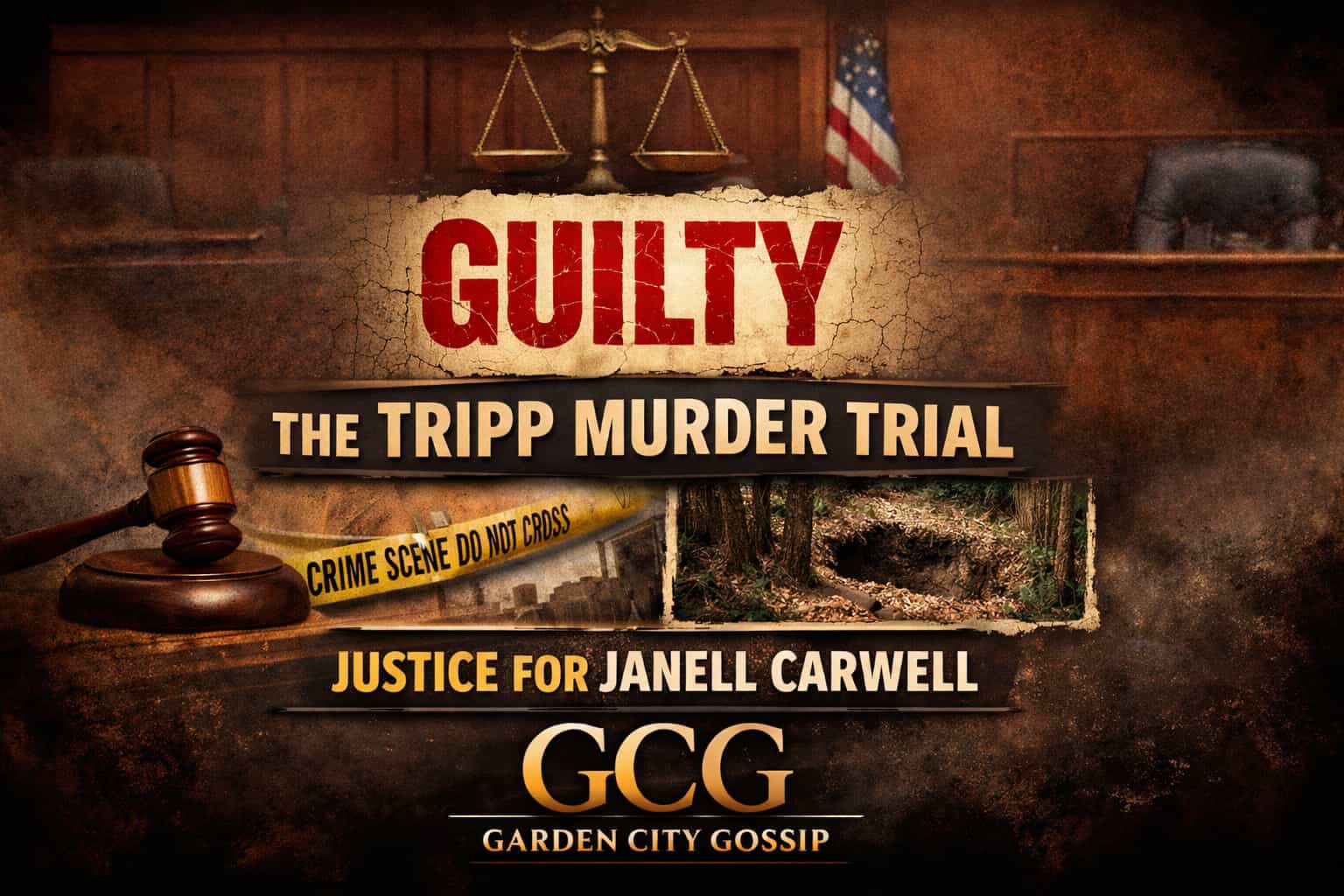 Graphic announcing guilty verdict in the Janell Carwell murder trial in Augusta, Georgia.