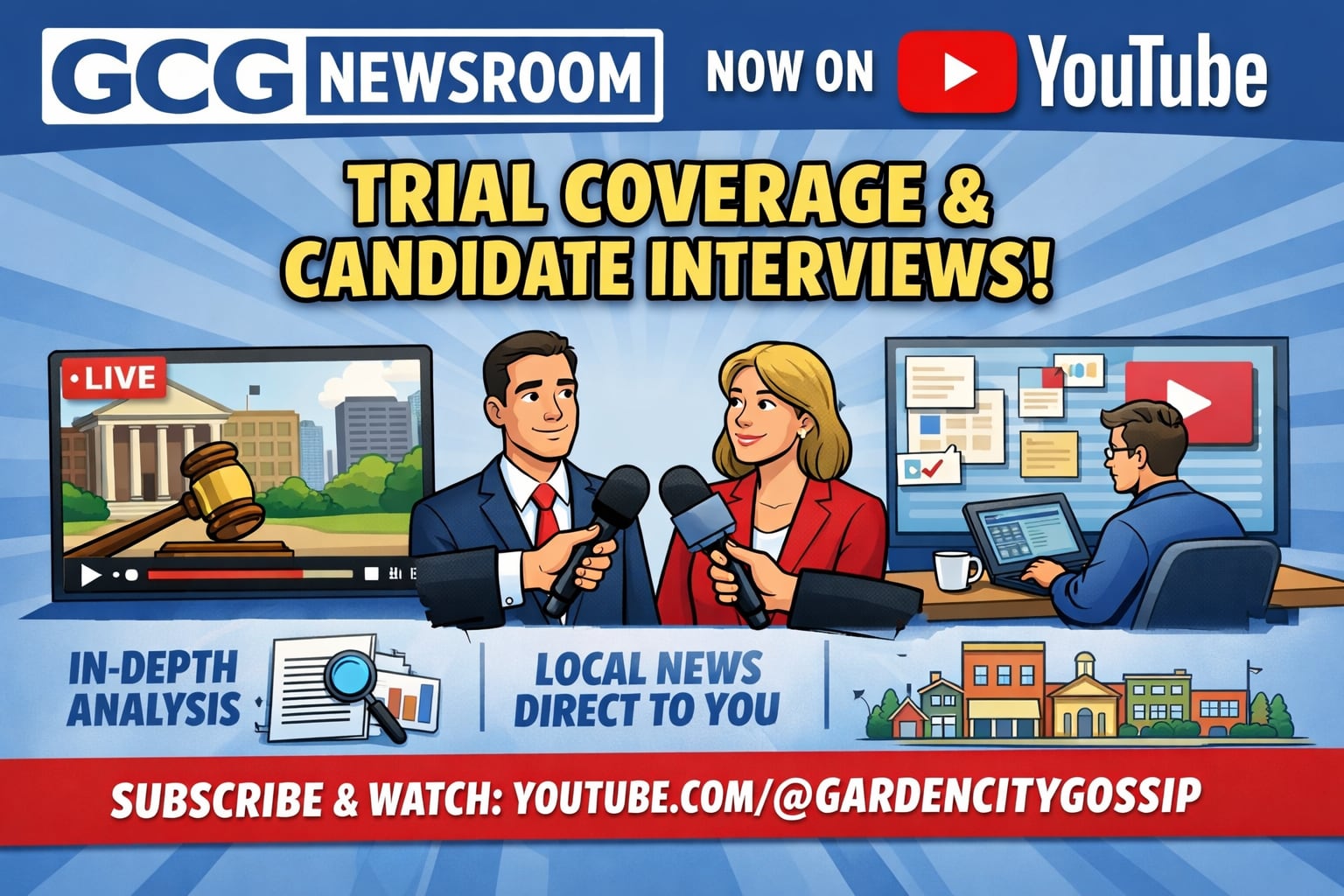 GCG Newsroom YouTube channel featuring Janell Carwell trial coverage and local candidate interviews