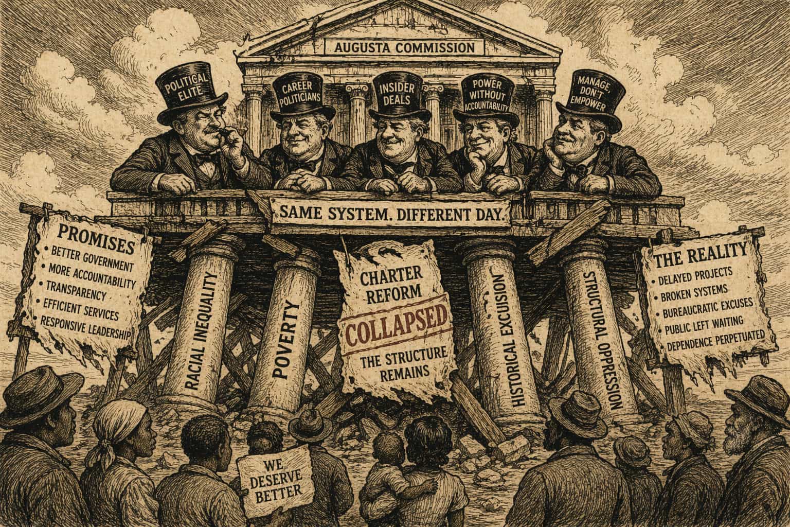 19th-century political cartoon showing Augusta’s political structure surviving after charter reform collapsed