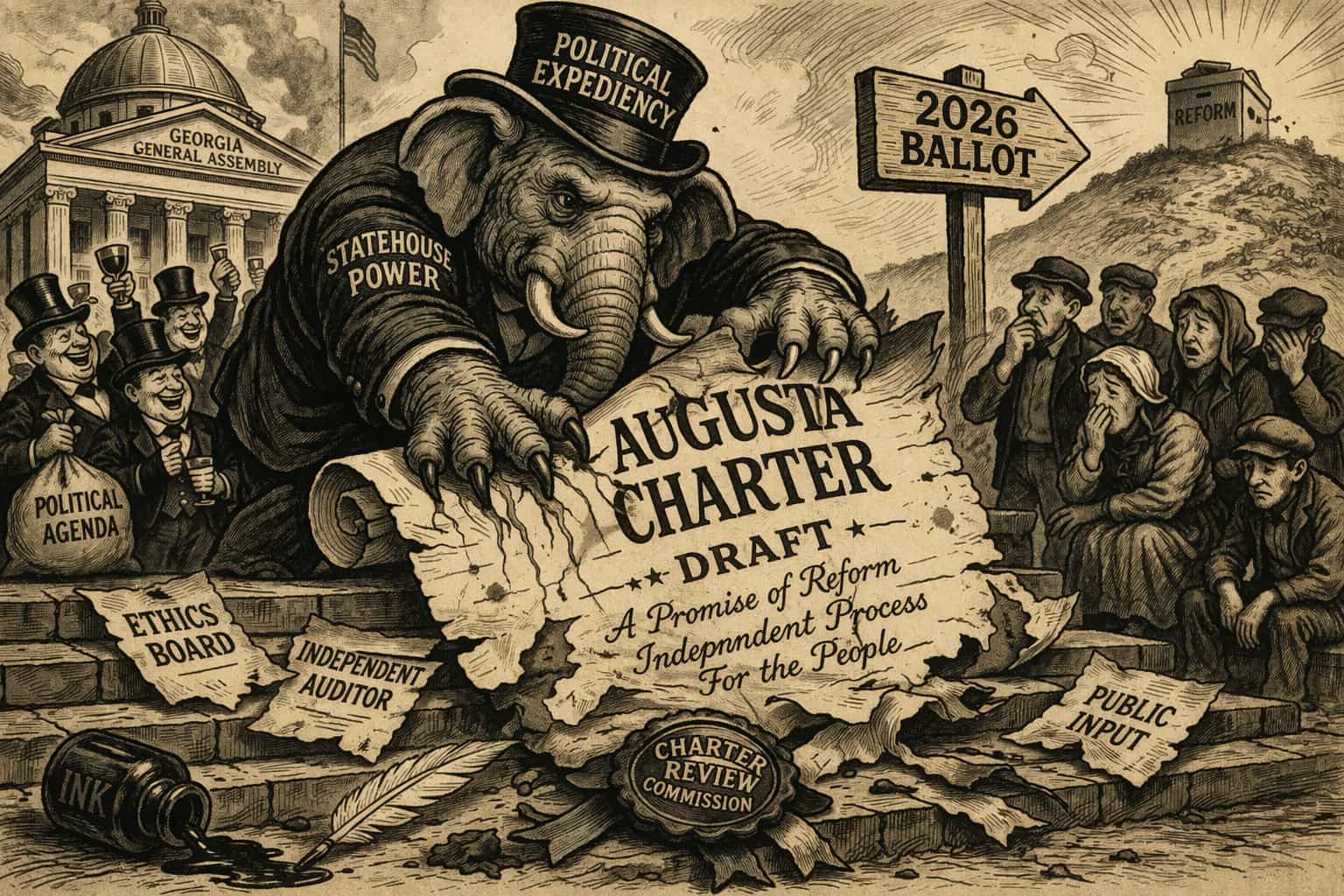 19th century political cartoon showing Augusta charter reform being destroyed by political interests at the Georgia General Assembly