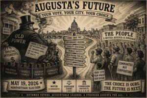 19th century style political cartoon illustrating the fight over Augusta’s future in the May 2026 mayoral, judicial and commission races