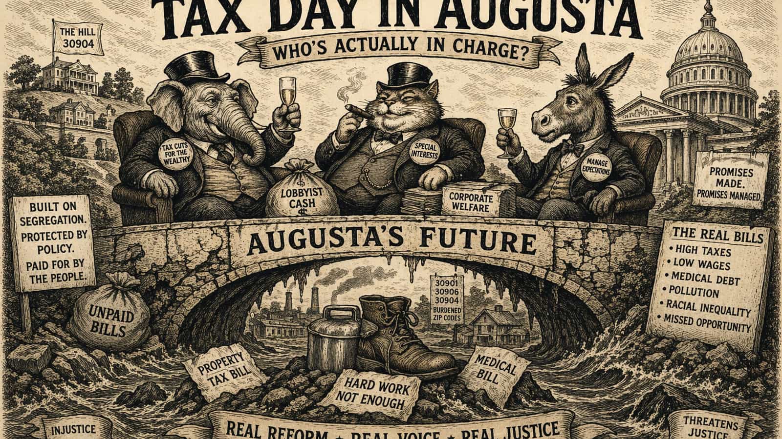 A period-style editorial caricature of the article’s central argument: both parties contest the banner, while the structure beneath them keeps feeding capital and calling the result relief.