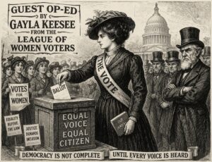 Political cartoon illustrating Augusta charter review stalled process, Guest Op-Ed by Gayla Keesee League of Women Voters