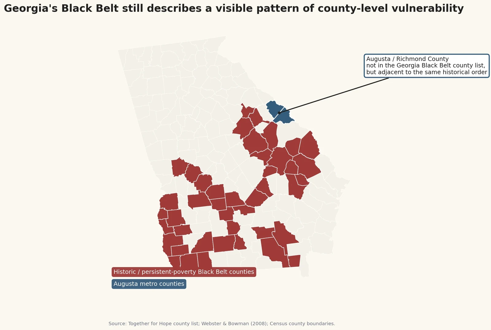Georgia county map highlighting the historic and persistent-poverty Black Belt county pattern with Augusta metro counties marked separately.