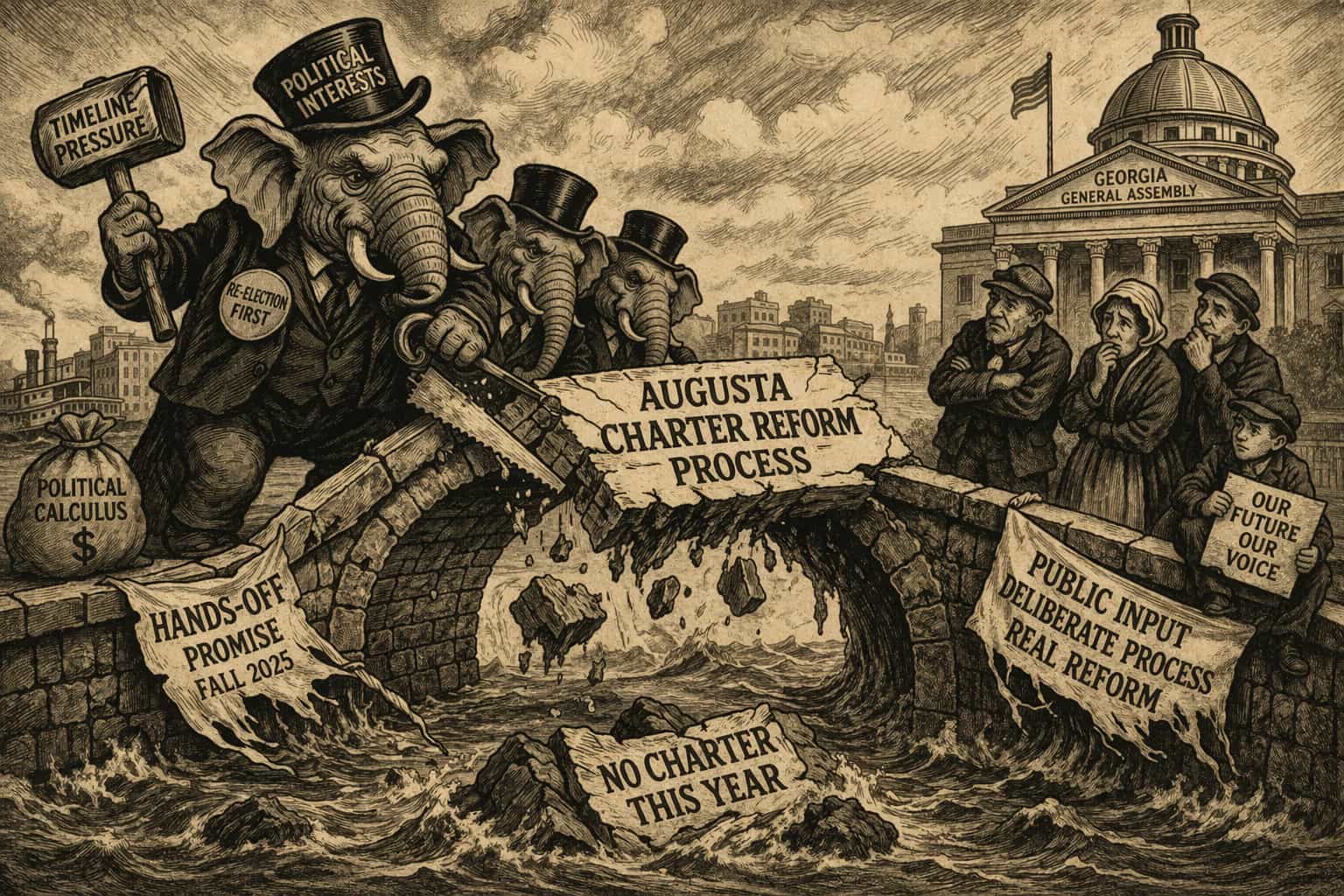 Vintage political cartoon of a broken bridge representing the collapse of Augusta charter reform process due to political interference