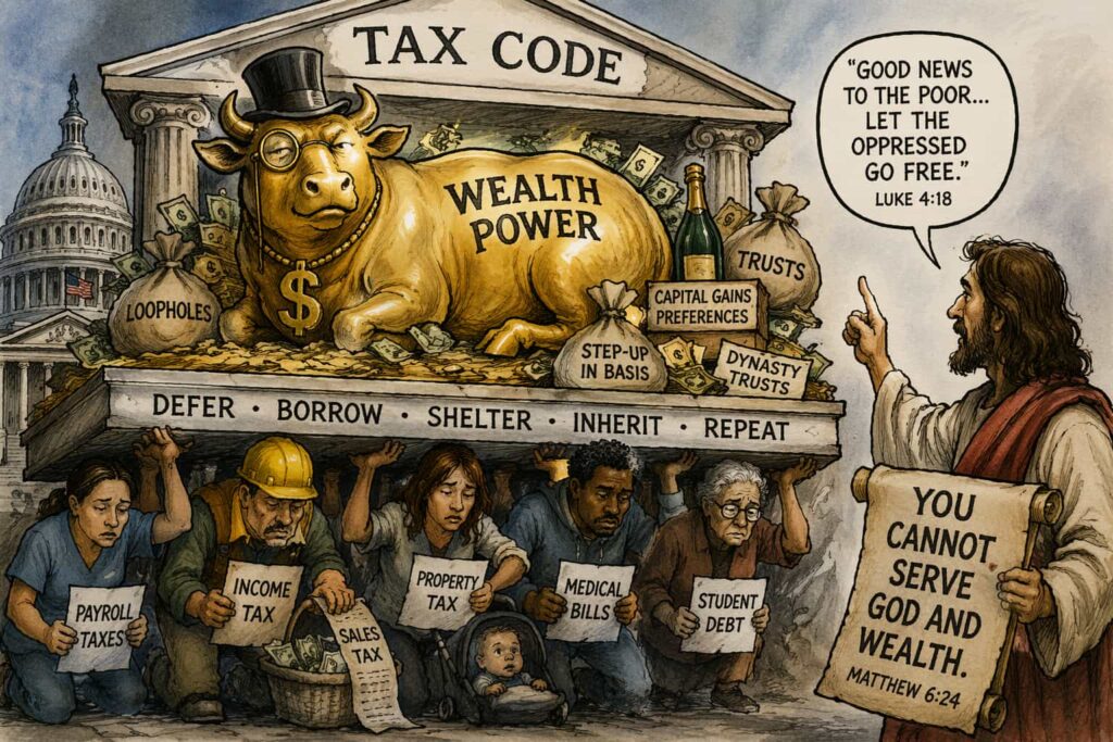 Political cartoon of a golden calf labeled wealth power resting on the tax code while workers bear the burden beneath it and Christ points toward justice.