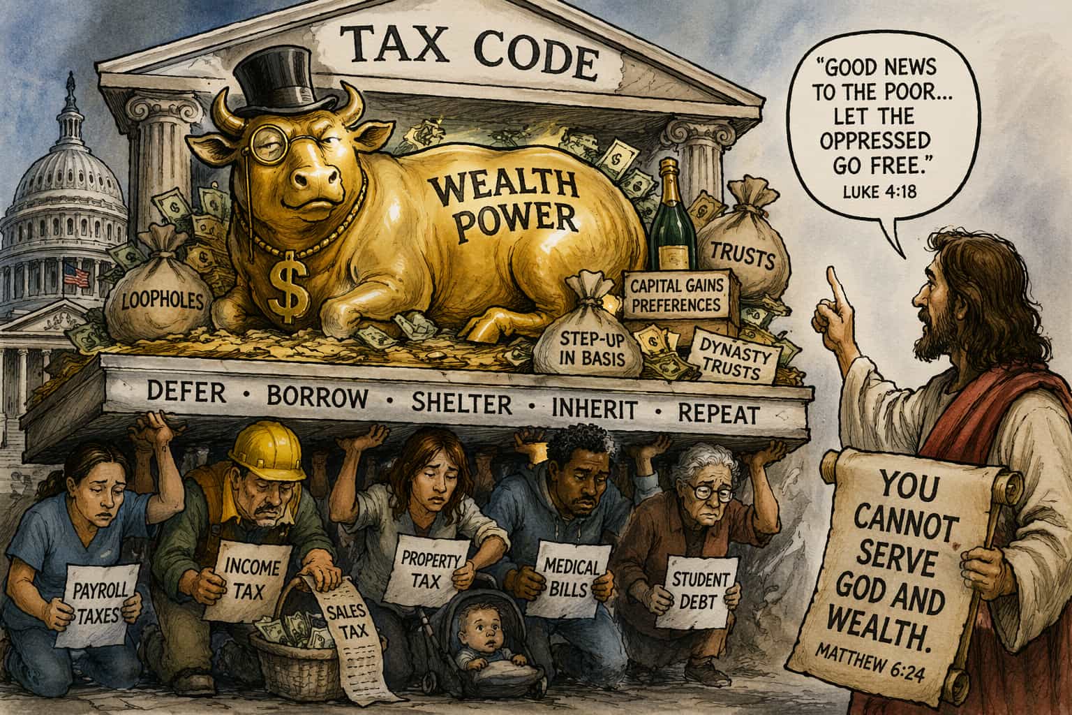 Political cartoon of a golden calf labeled wealth power resting on the tax code while workers bear the burden beneath it and Christ points toward justice.
