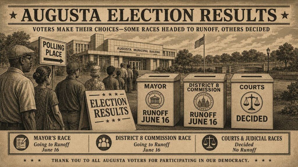 Illustrated Augusta election results graphic showing the Augusta Municipal Building, voters, ballot boxes for mayor, District 8 Commission and courts, with mayor and District 8 marked for June 16 runoff and courts marked decided.