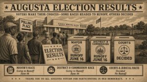 Illustrated Augusta election results graphic showing the Augusta Municipal Building, voters, ballot boxes for mayor, District 8 Commission and courts, with mayor and District 8 marked for June 16 runoff and courts marked decided.
