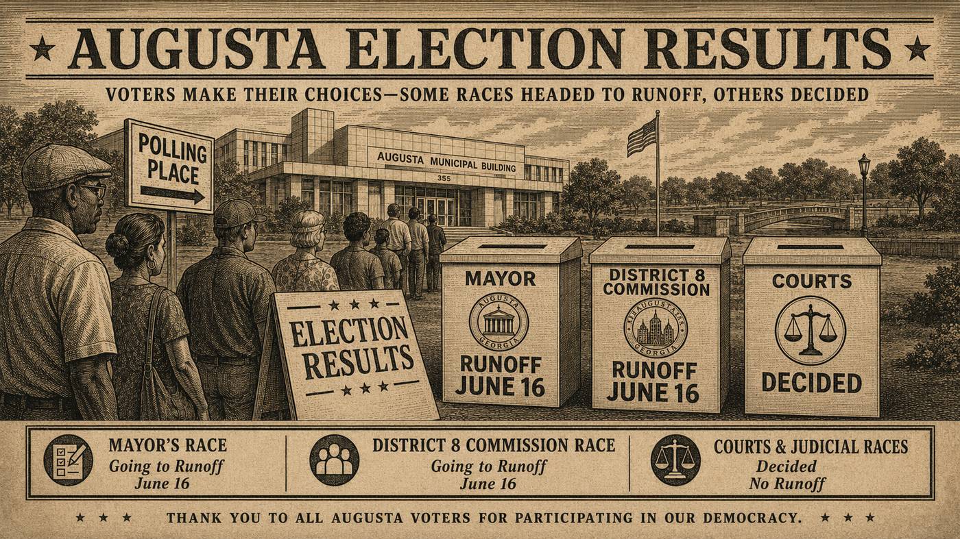 Illustrated Augusta election results graphic showing the Augusta Municipal Building, voters, ballot boxes for mayor, District 8 Commission and courts, with mayor and District 8 marked for June 16 runoff and courts marked decided.