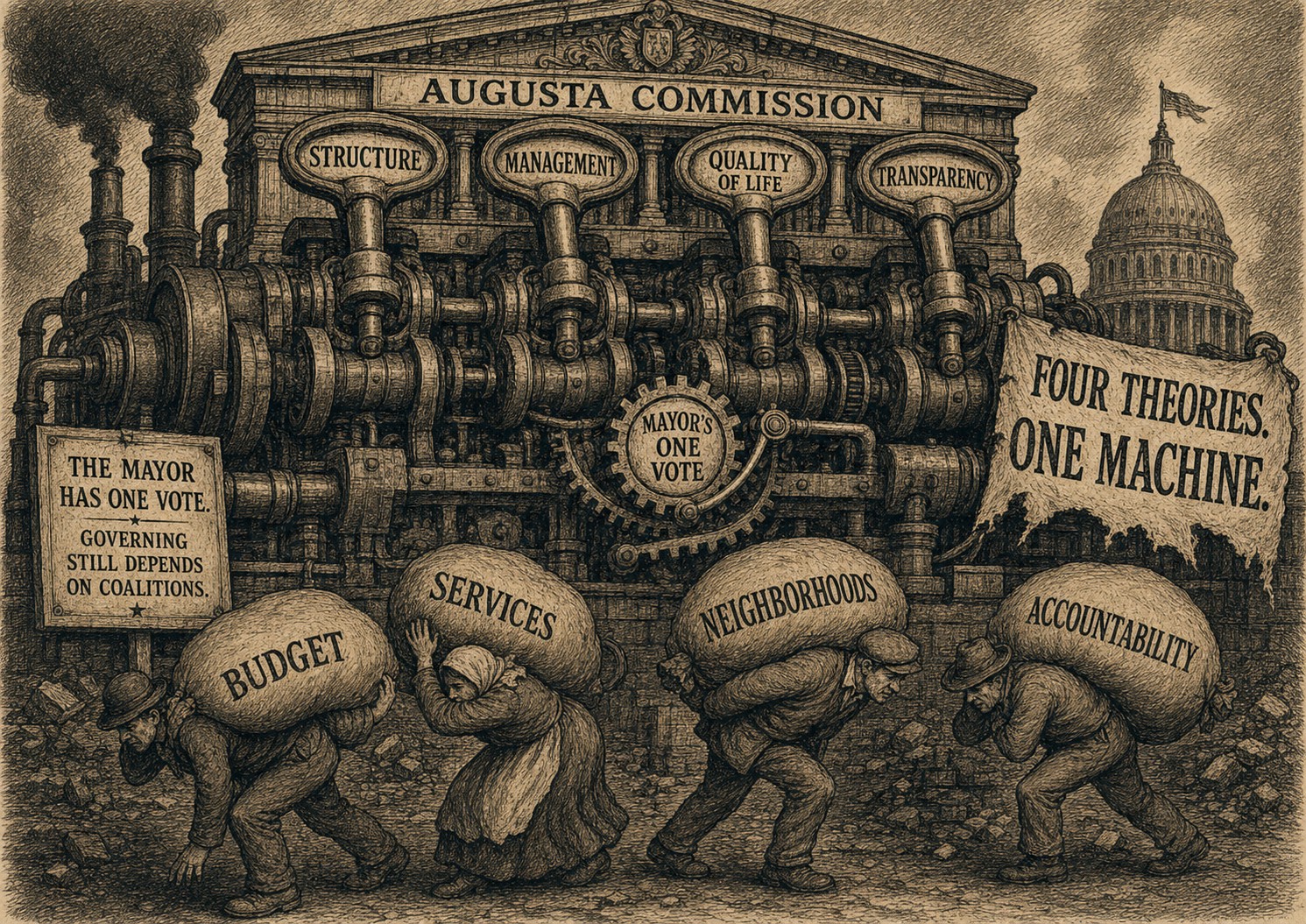 Sepia 19th-century political-cartoon engraving of Augusta's governing machine with symbolic levers for structure, management, quality of life and transparency.