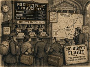 Sepia 19th-century political-cartoon engraving showing Augusta voters choosing among indirect routes toward city government, with a map and ballot-board metaphor.