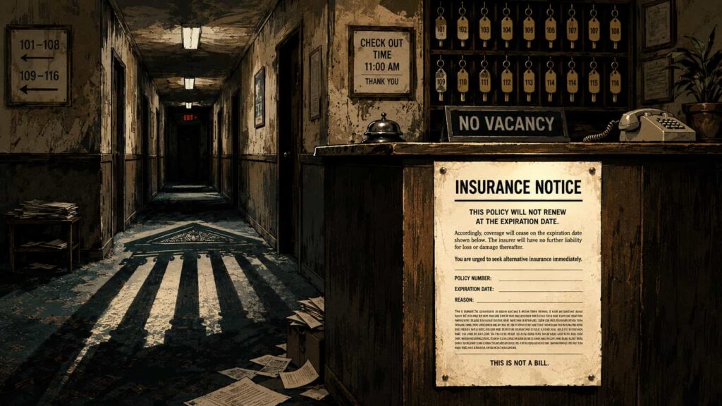Editorial illustration of a shabby motel corridor with an insurance notice pinned to the front desk, motel key tags, scattered papers, courthouse shadows, and a no vacancy sign.