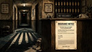 Editorial illustration of a shabby motel corridor with an insurance notice pinned to the front desk, motel key tags, scattered papers, courthouse shadows, and a no vacancy sign.