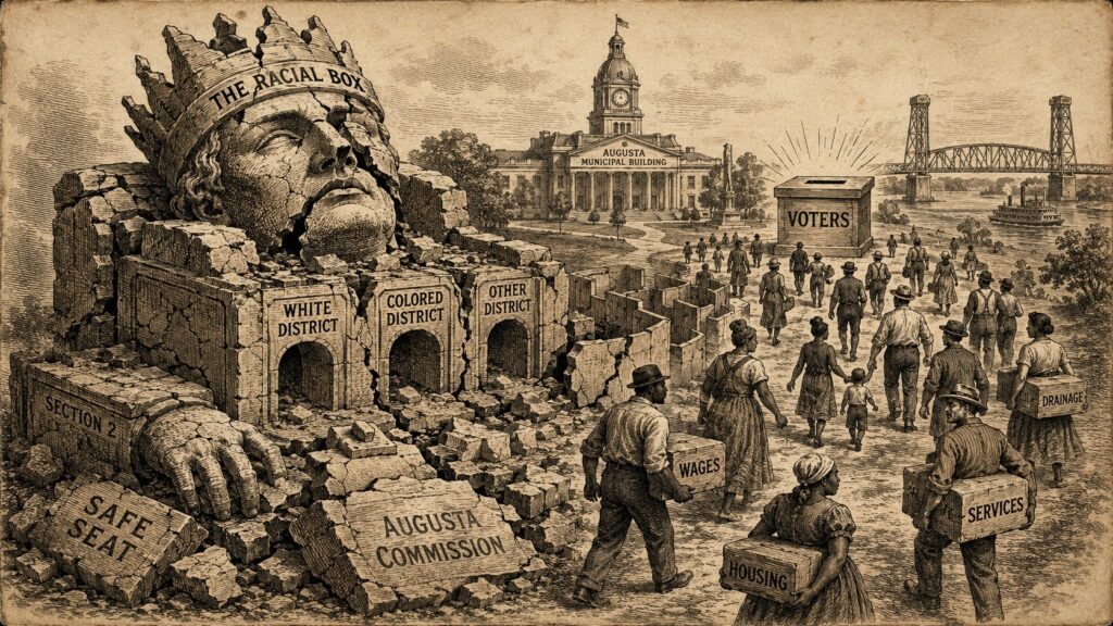 Sepia political-cartoon engraving of Augusta voters walking past a broken racial district fortress toward a ballot box, with civic burdens labeled wages, housing, services and drainage.