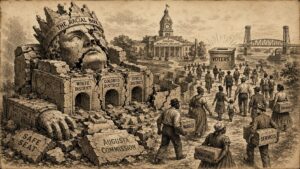 Sepia political-cartoon engraving of Augusta voters walking past a broken racial district fortress toward a ballot box, with civic burdens labeled wages, housing, services and drainage.