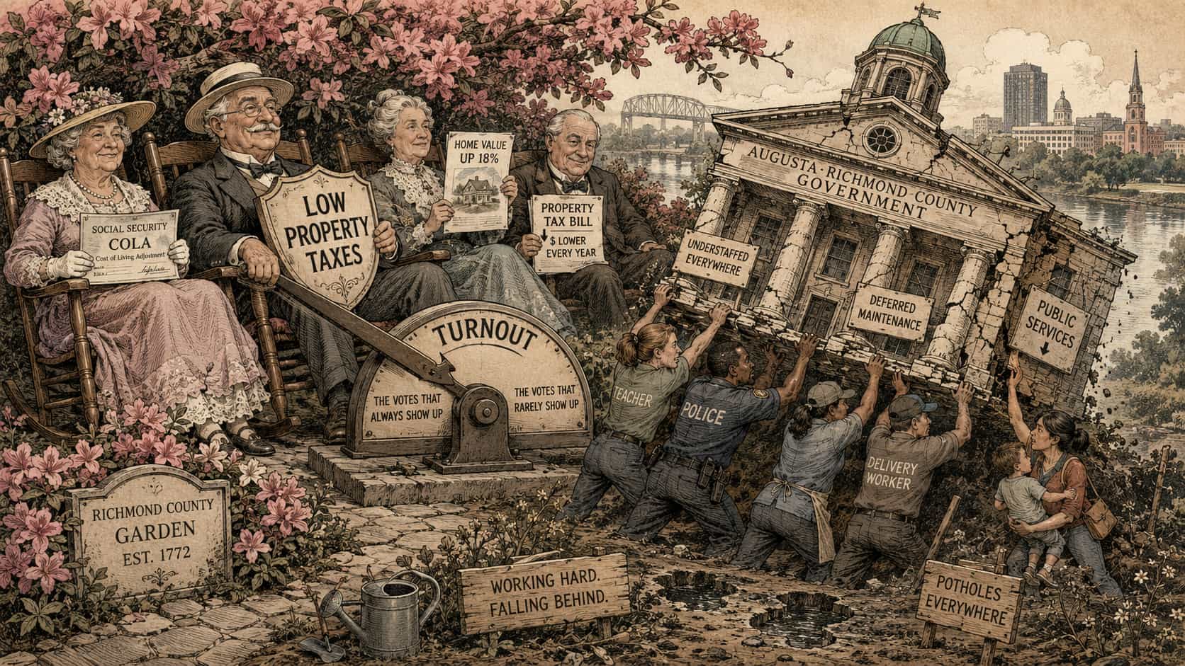 Sepia political-cartoon engraving of older Richmond County homeowners controlling a turnout lever while workers prop up a crumbling Augusta government building.