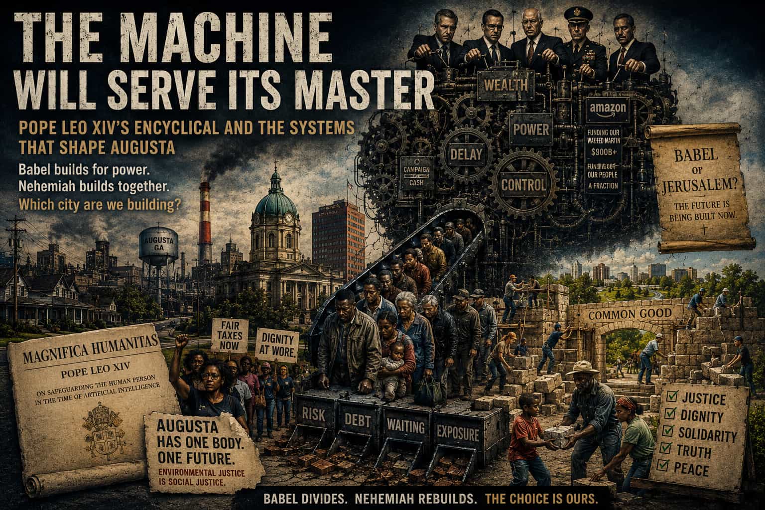 Sepia political-cartoon engraving of a Babel-like civic machine labeled wealth, power, delay and control processing Augusta residents while neighbors rebuild a common-good wall.