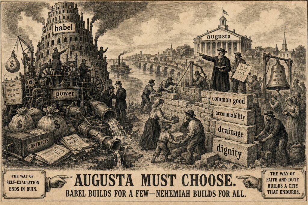 Sepia political-cartoon engraving of Augusta choosing between a Babel-like civic machine and residents rebuilding public goods labeled drainage, dignity and accountability.