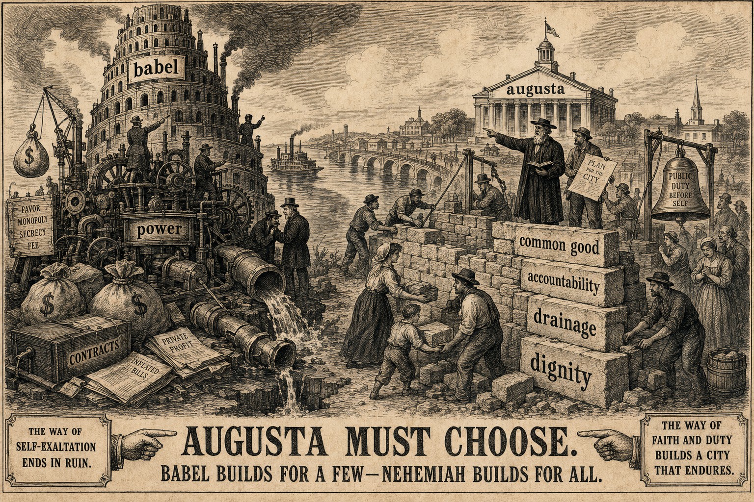 Sepia political-cartoon engraving of Augusta choosing between a Babel-like civic machine and residents rebuilding public goods labeled drainage, dignity and accountability.