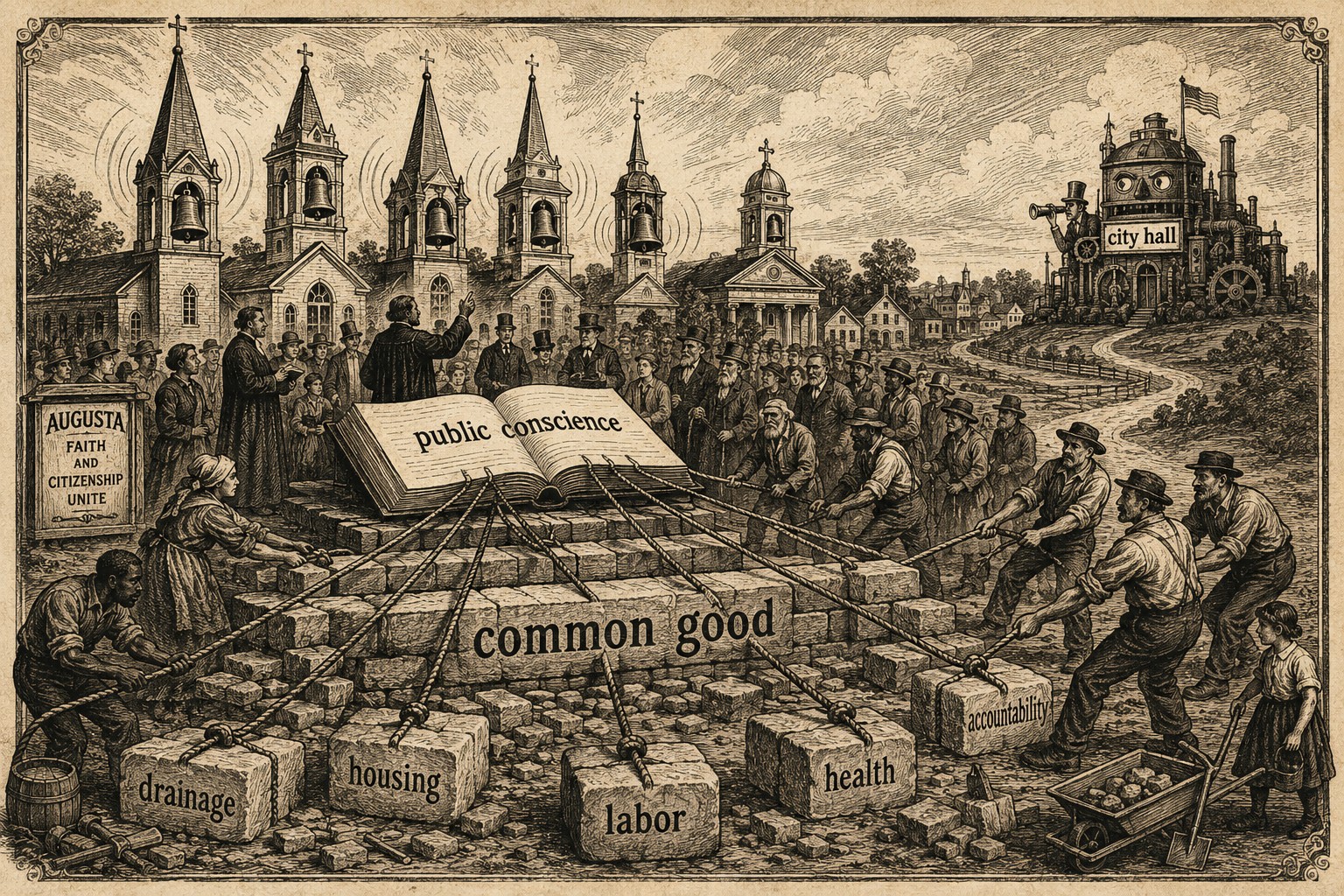 Sepia political-cartoon engraving of Augusta churches, workers and residents organizing around a public conscience ledger to rebuild a wall labeled common good.