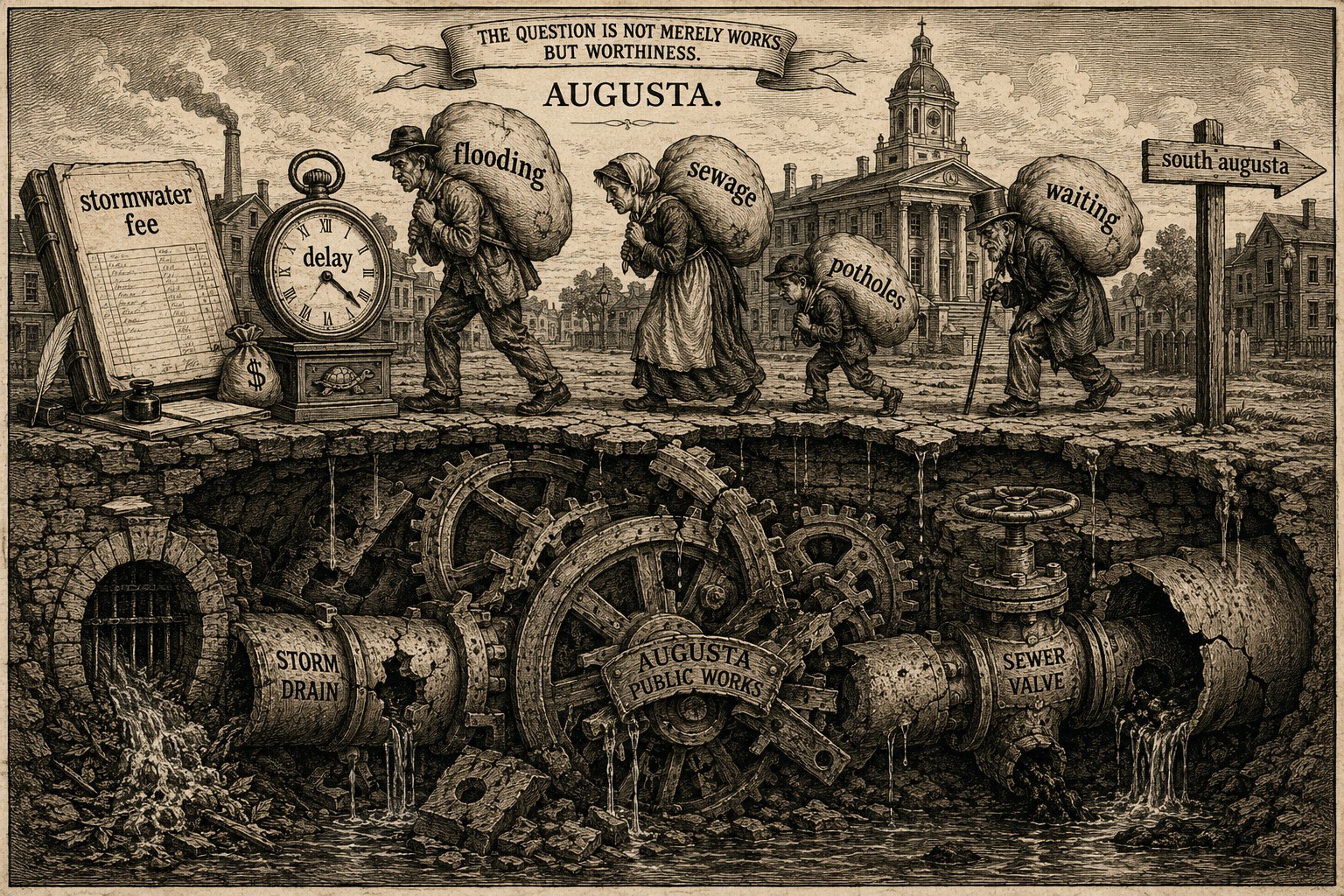 Sepia political-cartoon engraving of a broken Augusta street exposing stormwater, sewer and road machinery while residents carry burdens labeled flooding, sewage and waiting.
