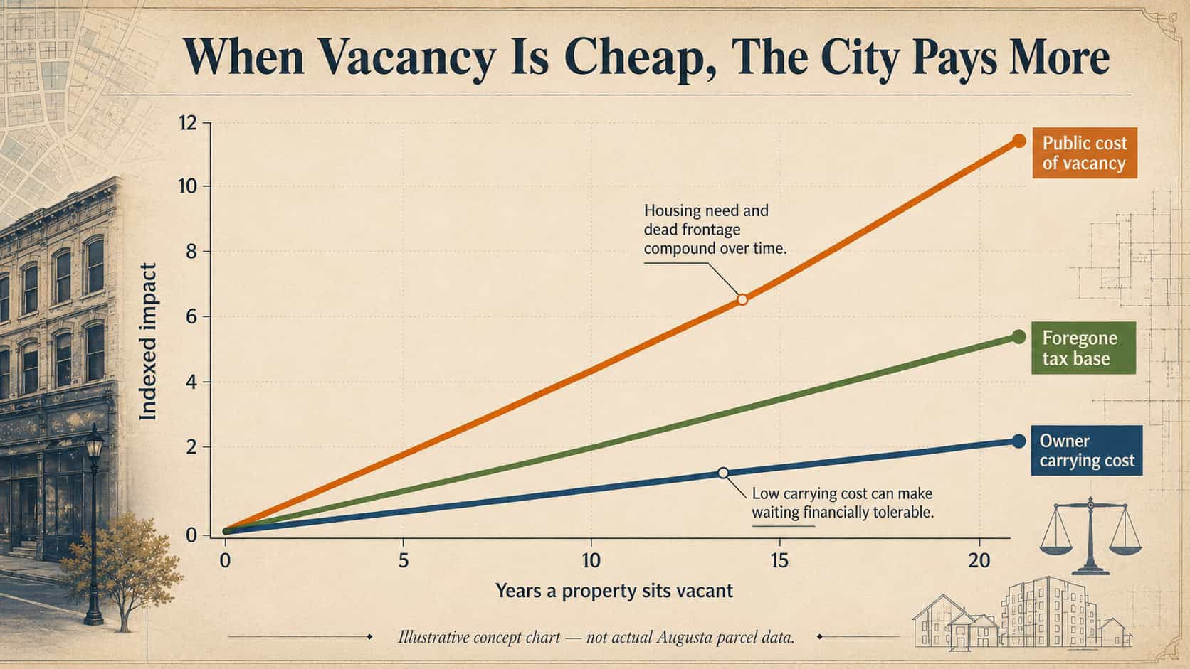 Concept chart showing owner carrying cost rising slowly while public cost of vacancy and foregone tax base rise faster over time.