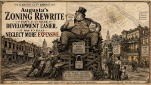 19th-century political cartoon style image showing Augusta zoning, vacancy, speculation and public pressure for redevelopment.
