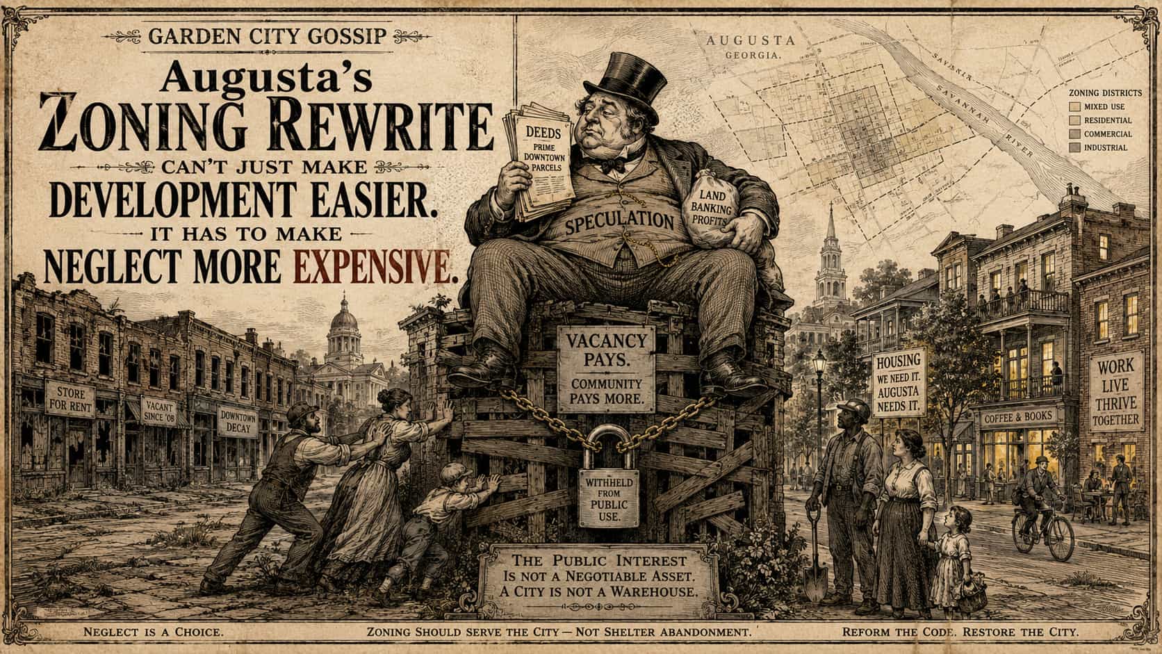 19th-century political cartoon style image showing Augusta zoning, vacancy, speculation and public pressure for redevelopment.