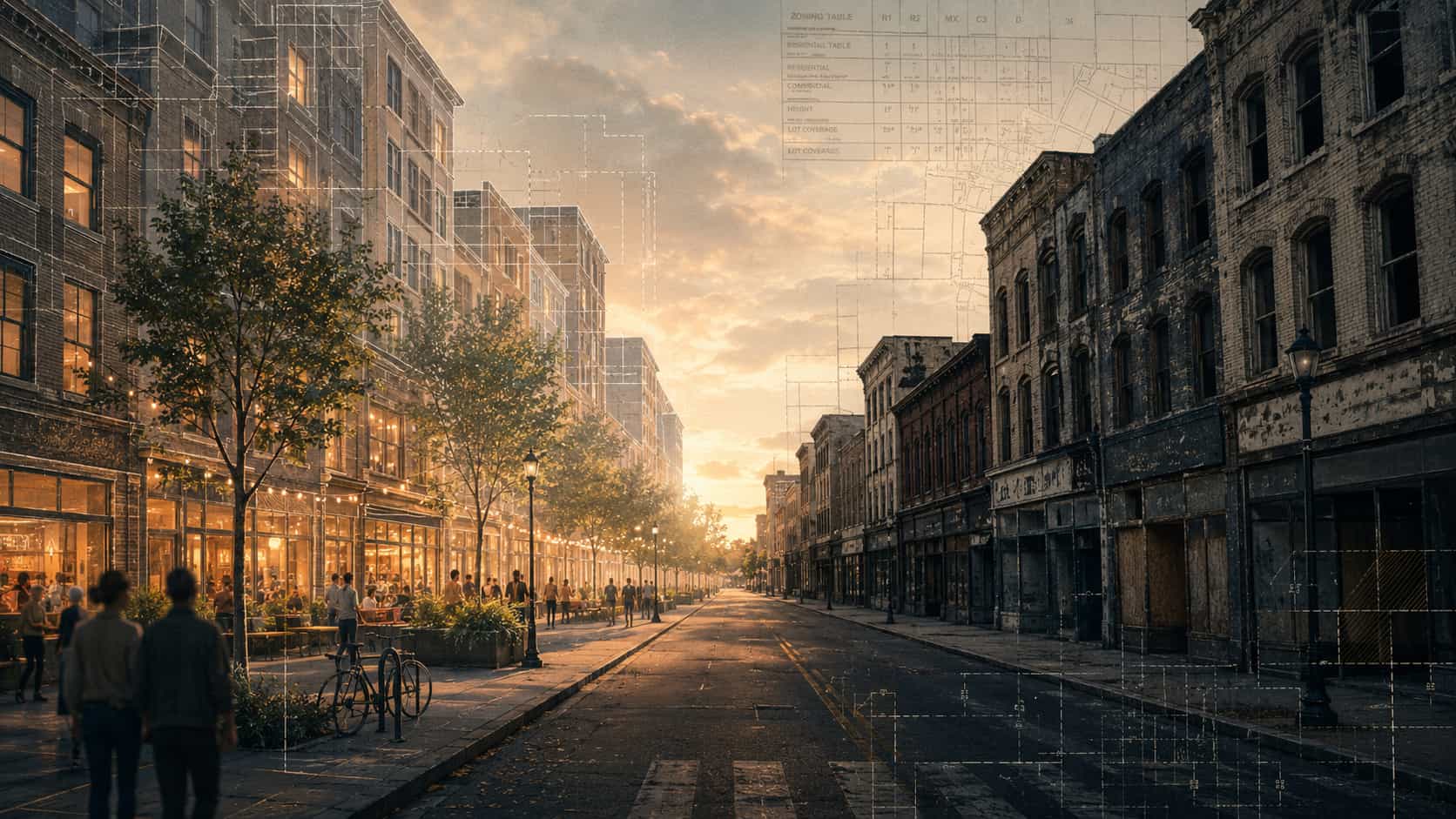 Editorial illustration contrasting active downtown redevelopment with vacant historic storefronts under zoning-map overlays.