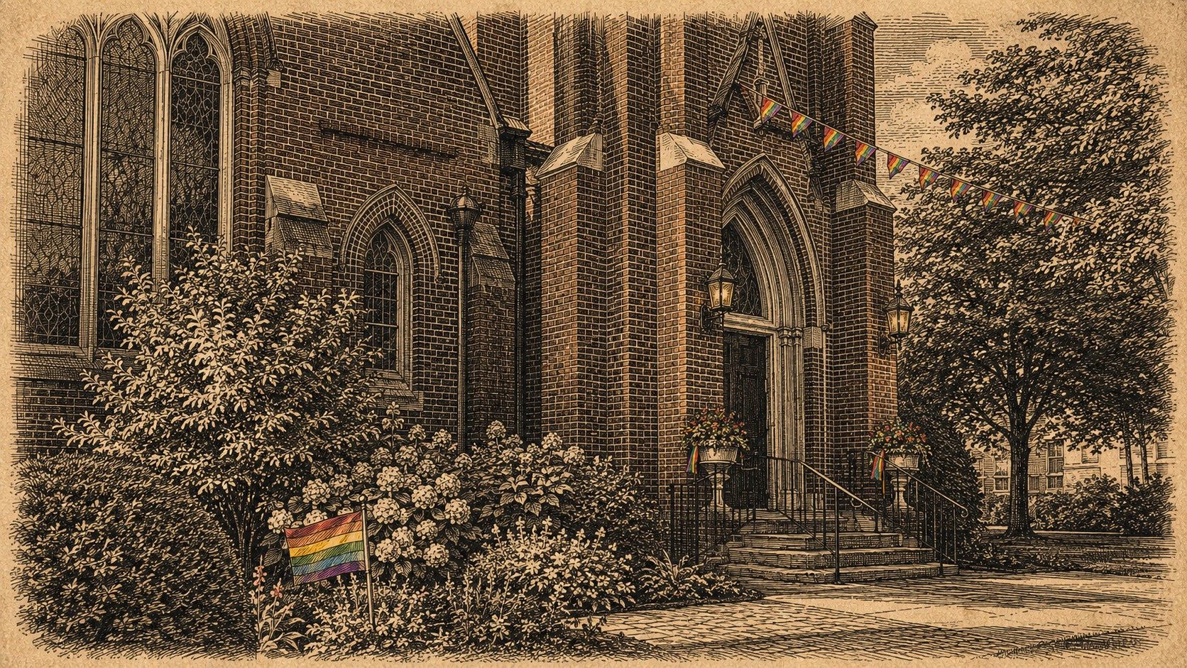 GCG-style engraved view of the Church of the Good Shepherd sanctuary with rainbow light across the aisle and stained-glass windows.