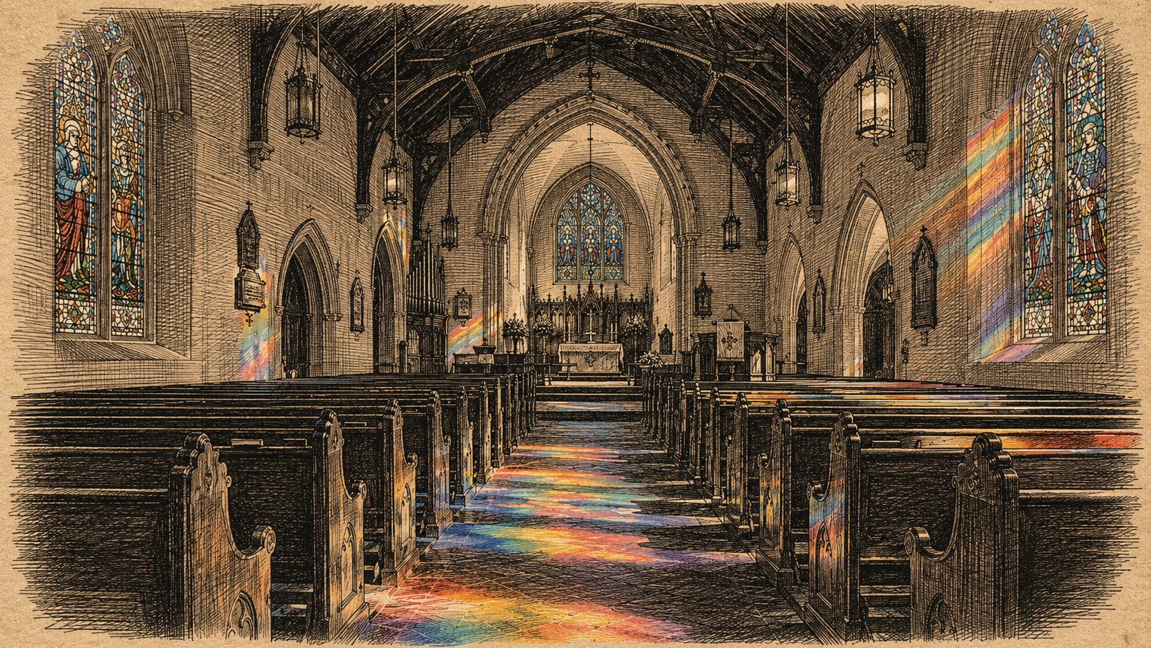 GCG-style engraved image of a Gothic church nave with stained glass windows casting rainbow light across the aisle and pews.