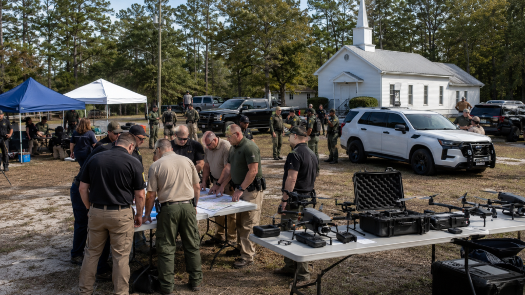 law enforcement searching nearby wooded areas, conducting door-to-door checks and stopping vehicles in parts of the search zone